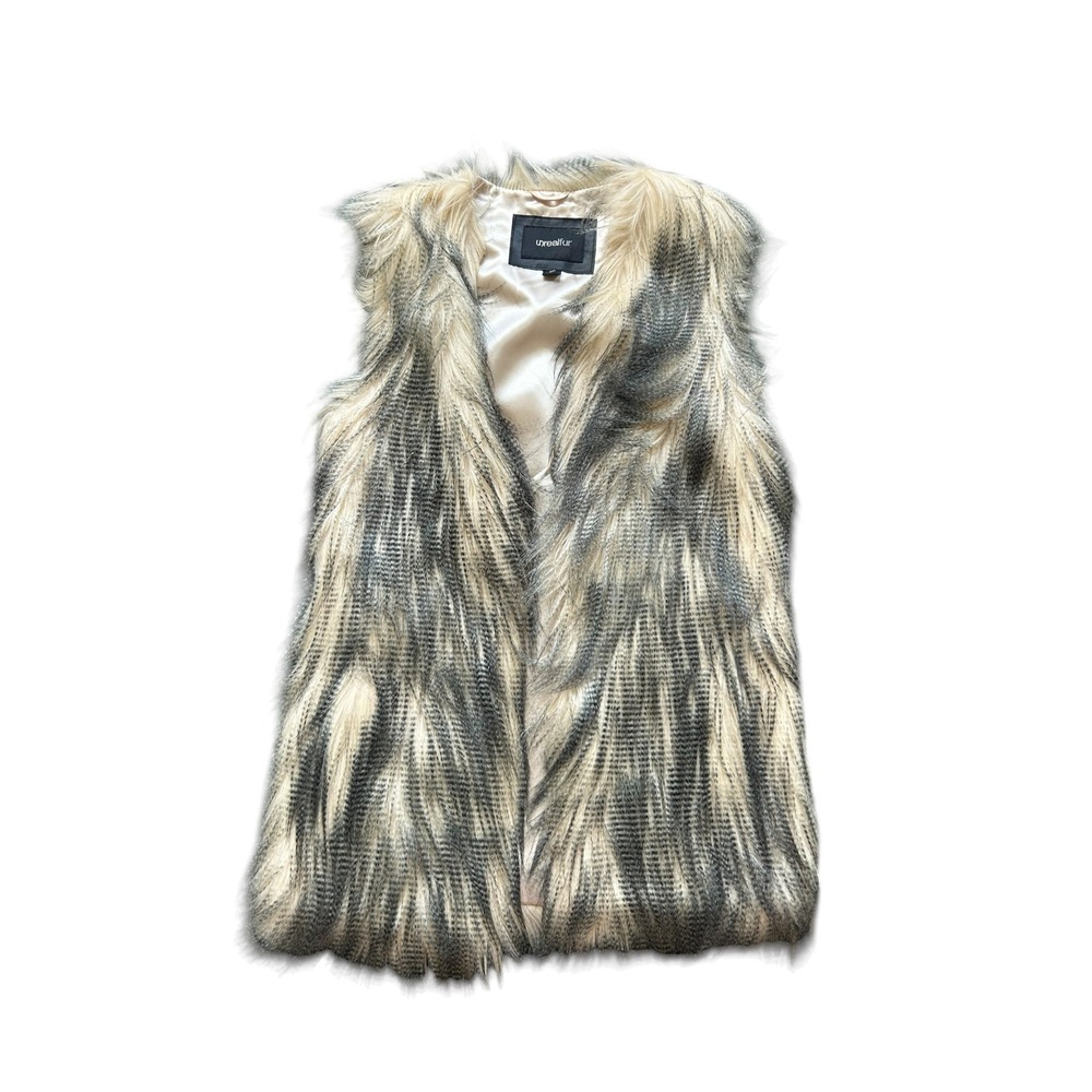 Unreal Fur Womens Faux Fur Vest Cream Gray Striped Sleeveless Open Front XS